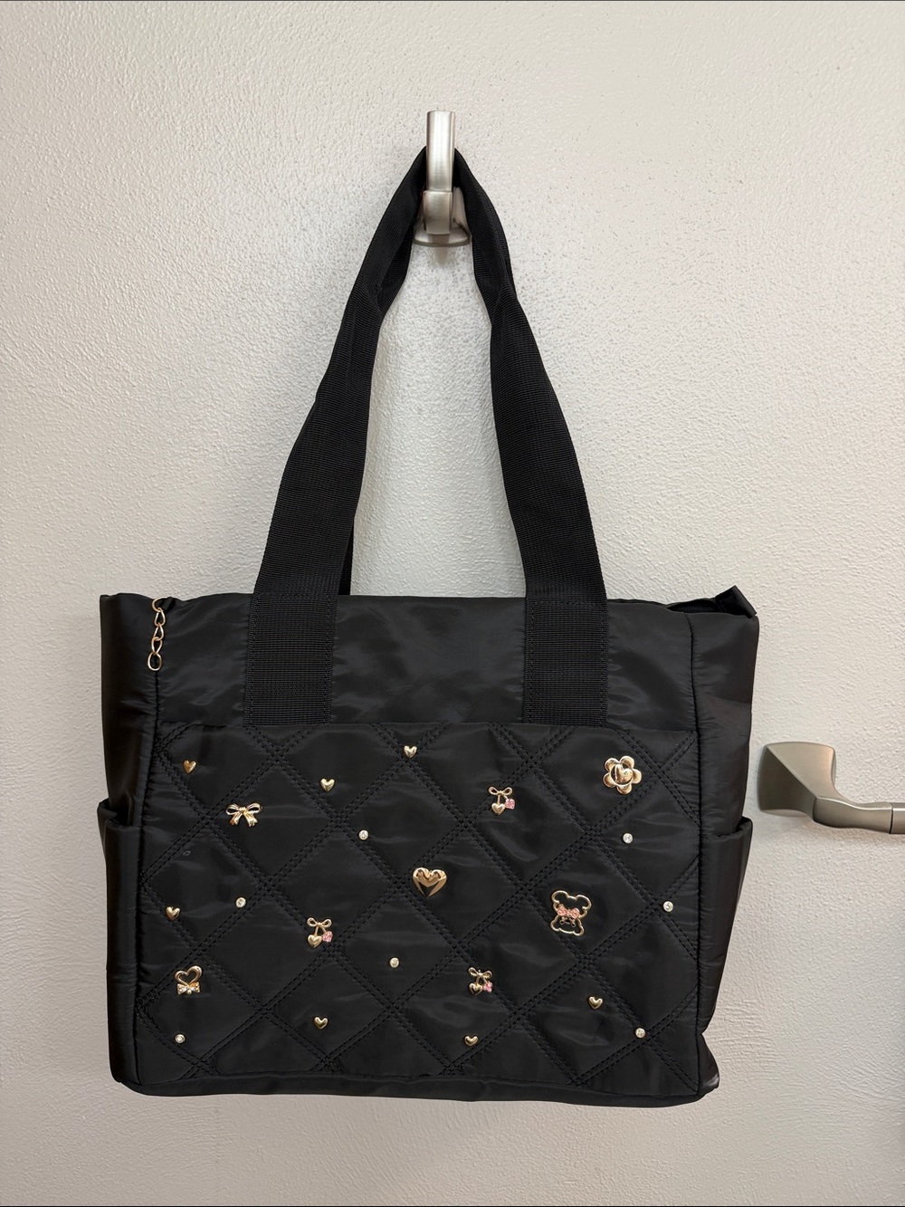 Black Quilted Tote Bag with Gold Accents - Women Bags